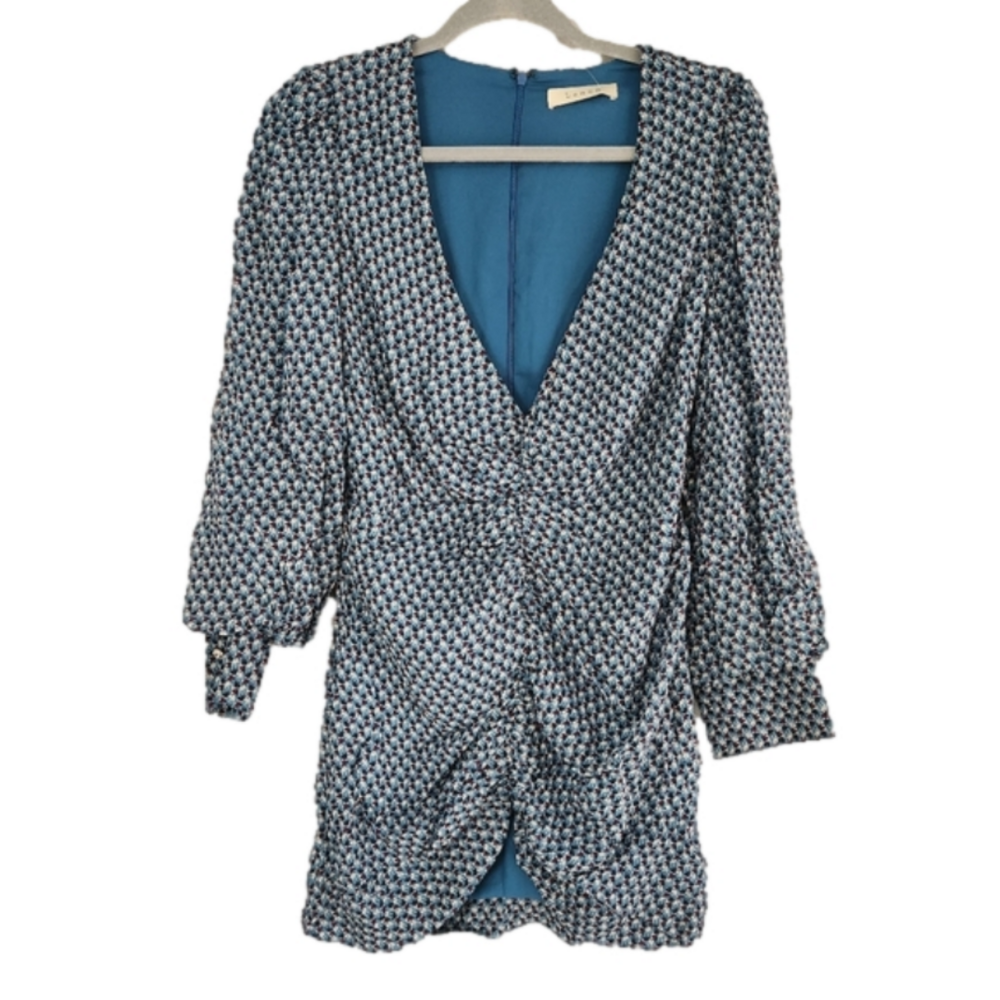 3/$25 Lenon mini dress long sleeve size XS-S NWT high low blue print
